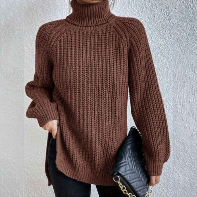 Turtleneck Pullover Sweater with Split Design Simple Solid Color Long Sleeve Top for Women