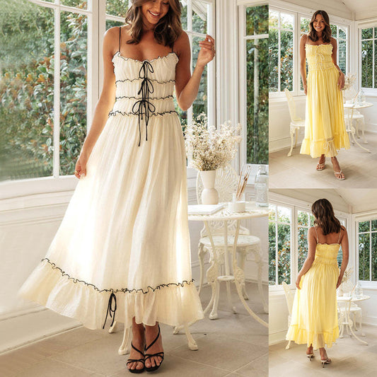 Summer Suspender Spaghetti Strap Long Dress with Bow Pleat Design Sweet Beach Fashion for Women