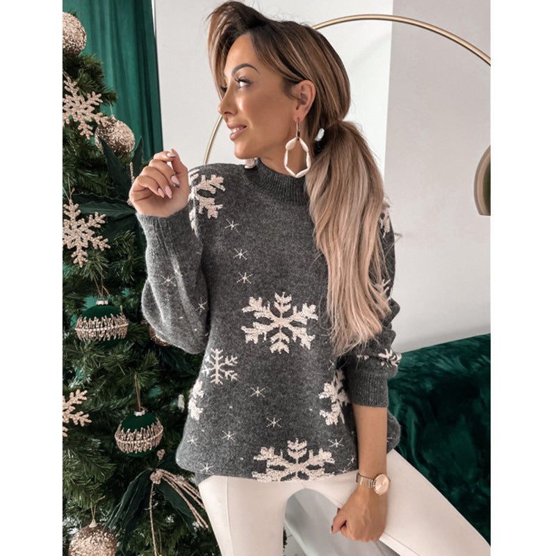 Fall Winter Christmas Sweater Knitted Fluffy Loose Casual Pullover with Snowflake Print