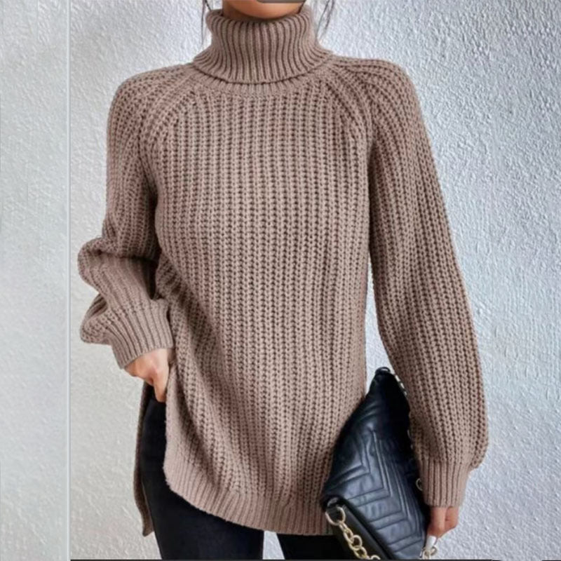 Turtleneck Pullover Sweater with Split Design Simple Solid Color Long Sleeve Top for Women