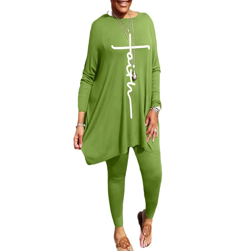 Round Neck Loose Long Sleeves Solid Color Printed Plus Size Women's Clothing Two-piece Set