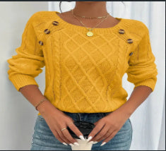 Square Neck Knitted Sweater with Button Design Warm Winter Long Sleeve Top for Women
